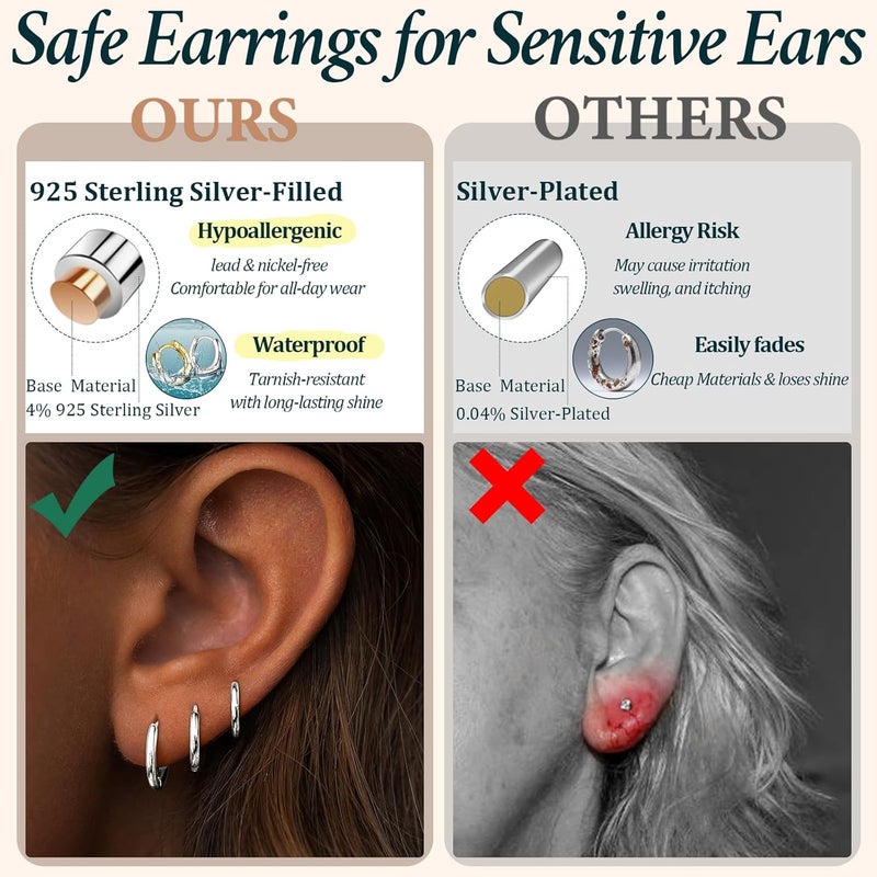 Poxtex Small Sterling Silver Huggie Hoop Earrings Set for Women, Hypoallergenic 14K Gold Plated Hoops Stacks for Multiple Piercings, Dainty Cute Mini Lightweight Cartilage Studs Trendy Jewelry Gift - Image 3